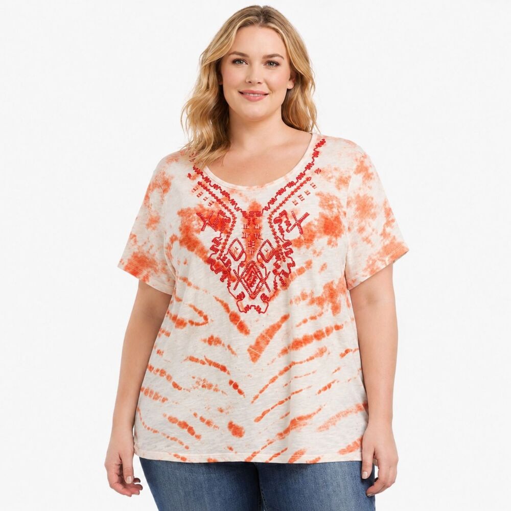 Chico's Tie Dyed Embroidered Tee Size 3 (US XL) NWOT Inspection Stickers Intact